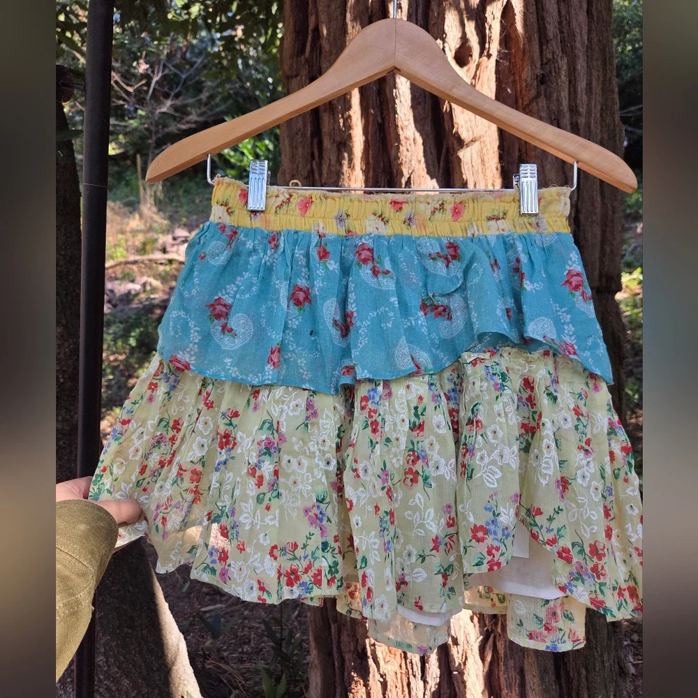 LoveShackFancy 100% Cotton Soleil Patchwork Floral Ruffle Skirt‎